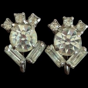 Vintage Womens Screw Down Silver Tone Earrings Starburst Clear Stones Dinner New